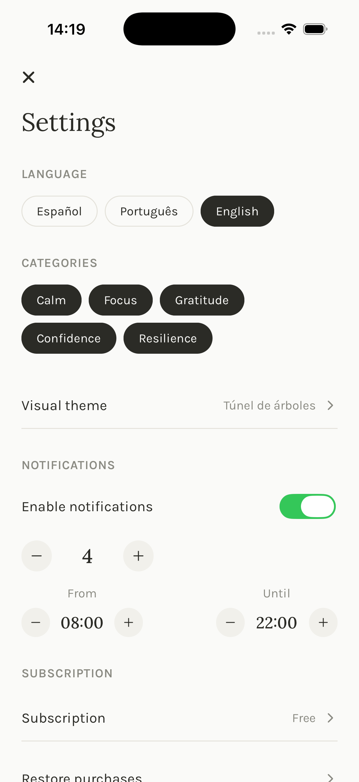 Configurações em inglês