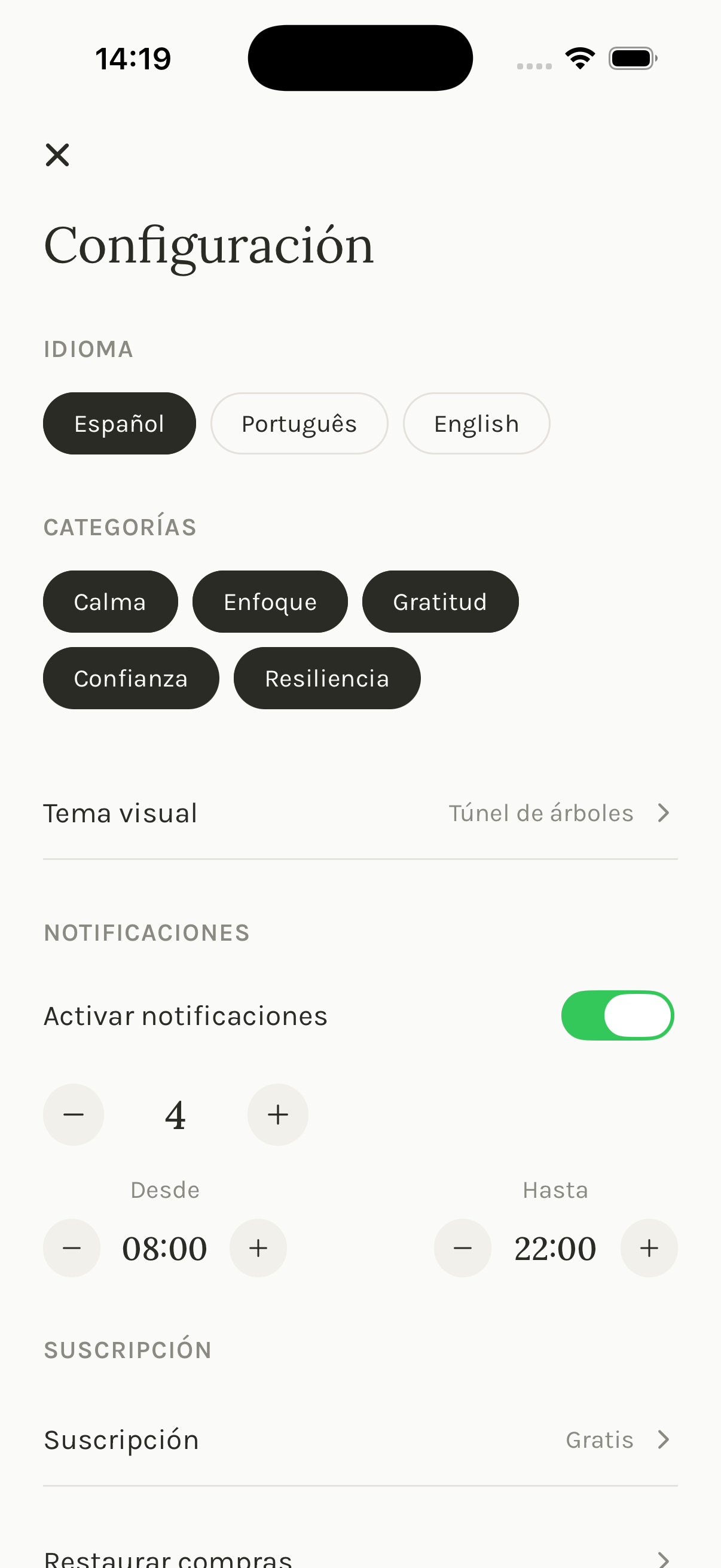 Configurações em espanhol